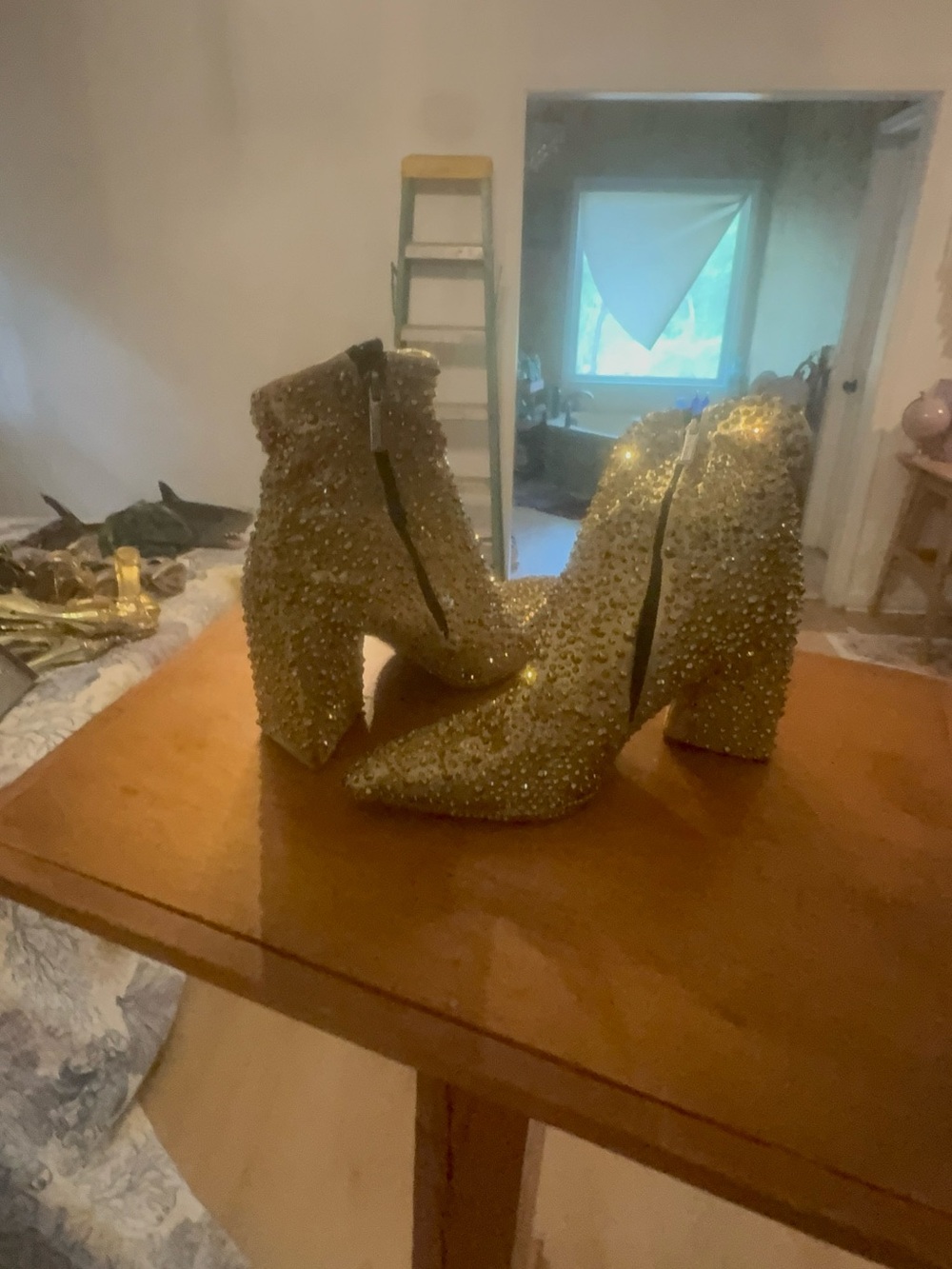 Gold Crystal Embellished Women's Ankle Boots size 7.5 one of a kind